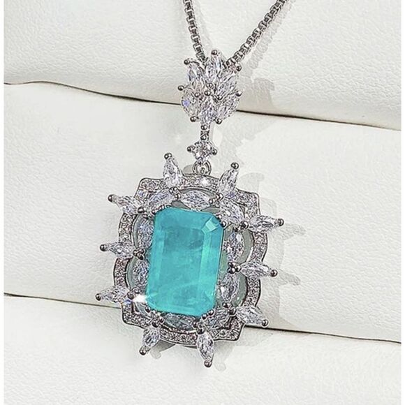 Lab Created  Paraiba Tourmaline &Zircon vintage inspired silver Pendant necklace - Picture 12 of 16